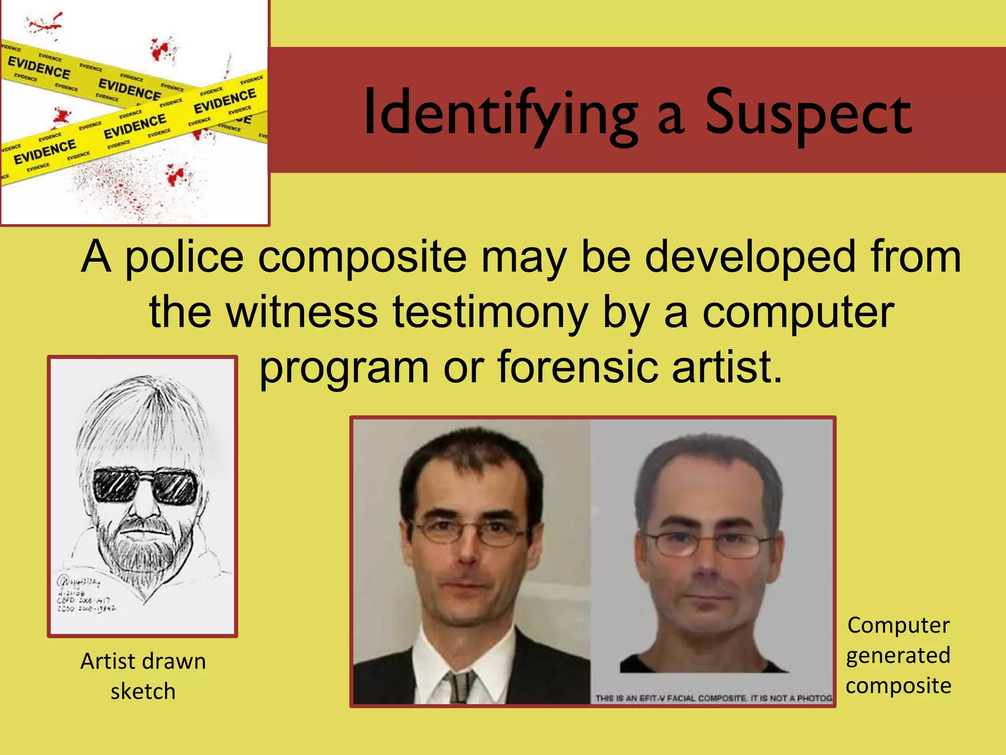 Identifying a Suspect A police composite may be developed from the witness testimony by a computer program or forensic artist. Artist drawn sketch Computer generated composite 