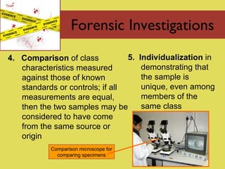 Forensic Investigations 4.  Comparison  of class characteristics measured against those of known standards or controls; if all measurements are equal, then the two samples may be considered to have come from the same source or origin 5.  Individualization  in demonstrating that the sample is unique, even among members of the same class Comparison microscope for comparing specimens 