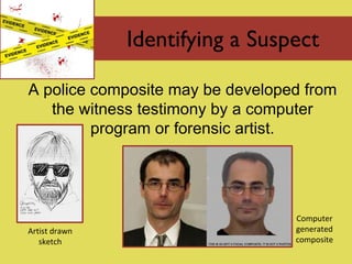 Identifying a Suspect A police composite may be developed from the witness testimony by a computer program or forensic artist. Artist drawn sketch Computer generated composite 