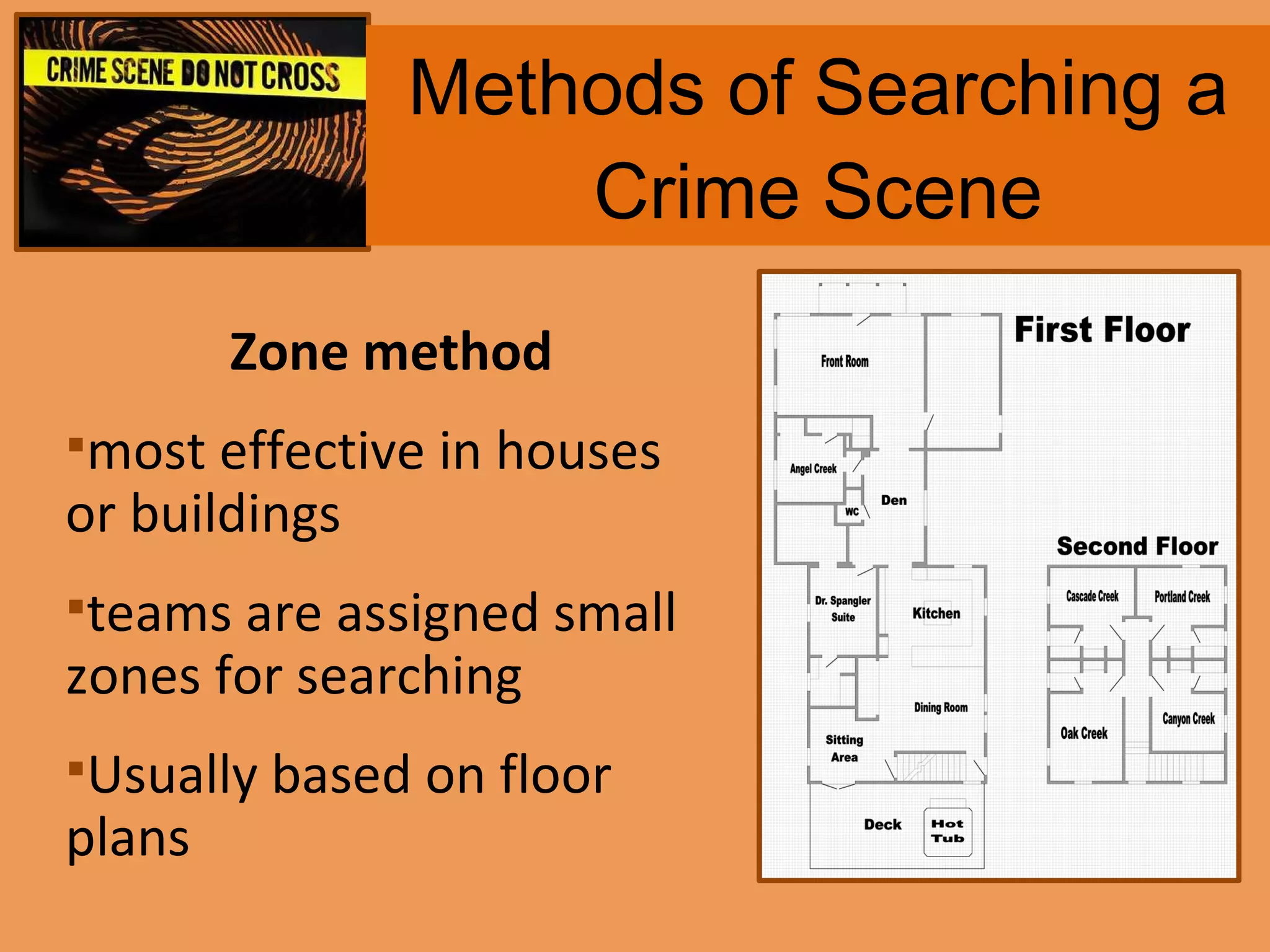 Methods of Searching a Crime Scene Zone method most effective in houses or buildings  teams are assigned small zones for searching Usually based on floor plans 