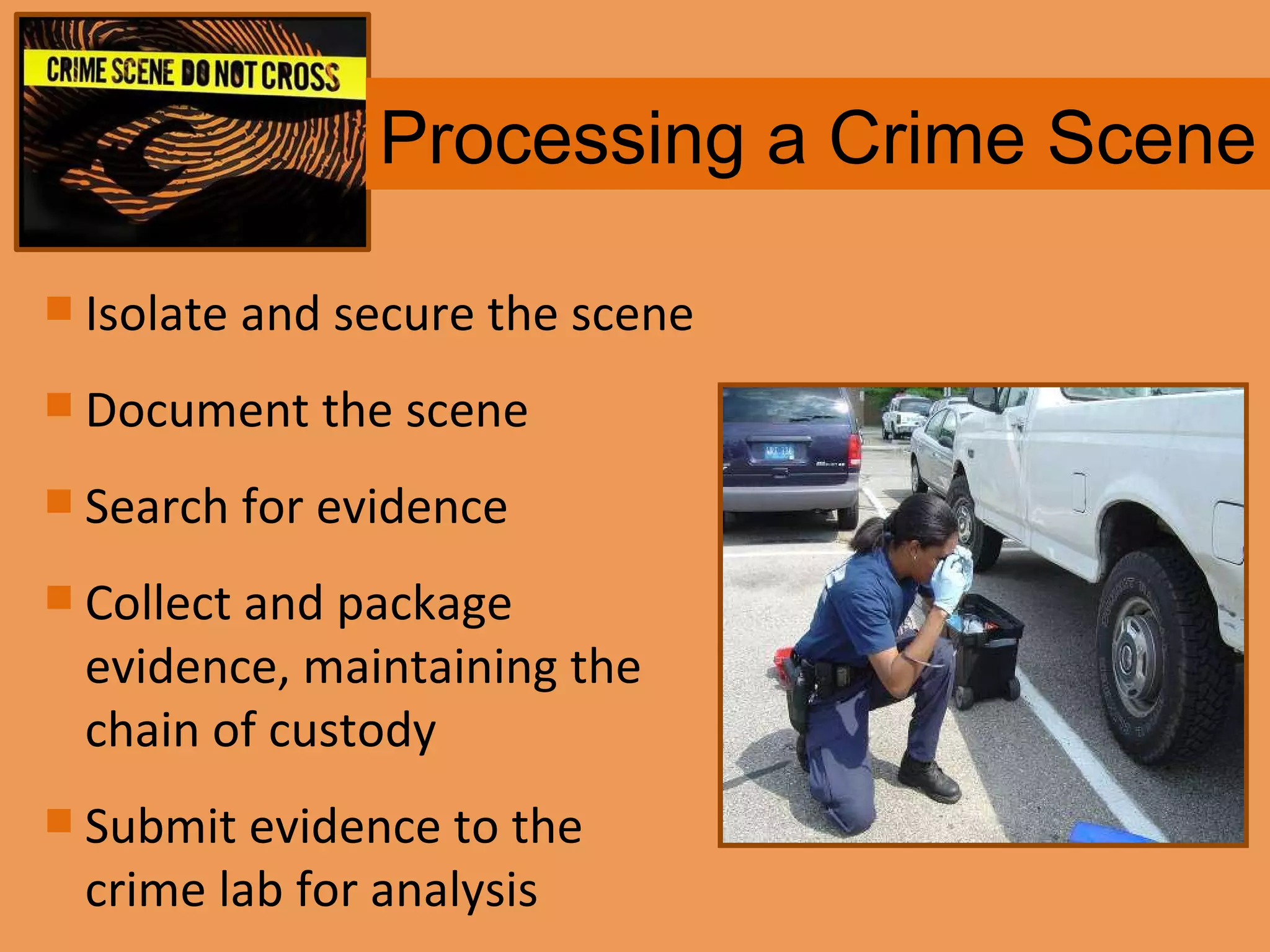 Processing a Crime Scene Isolate and secure the scene Document the scene Search for evidence Collect and package evidence, maintaining the chain of custody Submit evidence to the crime lab for analysis 