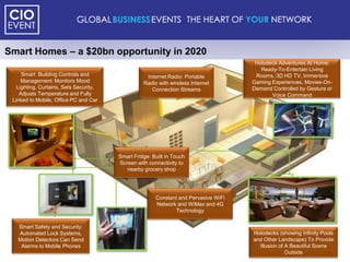 Smart Homes – a $20bn opportunity in 2020
                                                                                      Holodeck Adventures At Home:
                                                                                        Ready-To-Entertain Living
     Smart Building Controls and                   Internet Radio: Portable           Rooms,:3D HD TV, Immersive
     Management: Monitors Mood                    Radio with wireless Internet       Gaming Experiences, Movies-On-
   Lighting, Curtains, Sets Security,                Connection Streams              Demand Controlled by Gesture or
    Adjusts Temperature and Fully                                                           Voice Command
 Linked to Mobile, Office PC and Car




                                        Smart Fridge: Built in Touch
                                        Screen with connectivity to
                                           nearby grocery shop




                                                       Constant and Pervasive WiFi
                                                       Network and WiMax and 4G
                                                              Technology


   Smart Safety and Security:
   Automated Lock Systems,                                                           Holodecks (showing Infinity Pools
   Motion Detectors Can Send                                                         and Other Landscape) To Provide
    Alarms to Mobile Phones                                                            Illusion of A Beautiful Scene
                                                                                                   Outside
 
