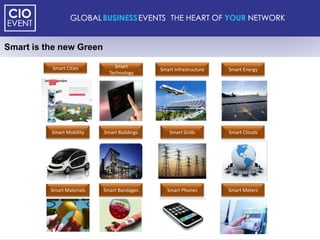 Smart is the new Green

          Smart Cities          Smart
                                              Smart Infrastructure   Smart Energy
                              Technology




          Smart Mobility    Smart Buildings       Smart Grids        Smart Clouds




          Smart Materials   Smart Bandages       Smart Phones        Smart Meters
 