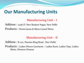 Our Manufacturing Units
                    Manufacturing Unit – I
Address : 2236/1T, New Ranjeet Nagar, New Delhi
Products : Denim Jeans & Mens Casual Shirts

                   Manufacturing Unit – II
Address : B-227, Naraina Ring Road , New Delhi
Products : Ladies Woven Garments – Ladies Kurti, Ladies Tops, Ladies
    Shirts, Western Dresses
 