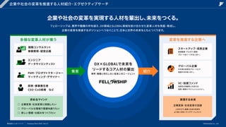 企業や社会の変革を推進する人材紹介・エグゼクティブサーチ
企業や社会の変革を実現する人材を輩出し、
未来をつくる。
フェローシップは、
業界や職種の枠を超え、
DX領域とGLOBAL領域を掛け合わせた変革人材を発掘・育成し、

企業の変革を推進するポジションへつなぐことで、
日本と世界の未来をともにつくります。
多様な変革人材が集う 変革を推進する企業へ
戦略コンサルタント

事業開発・経営企画
エンジニア

データサイエンティスト
PdM・プロダクトマネージャー

マーケティング・デザイナー
部長・事業責任者

CSO・CxO候補 など
スタートアップ・成長企業
新規事業・プロダクト開発・

グロースをリードする人材へ。
業界・職種に特化しない変革人材エージェント
DX×GLOBALで未来を

リードするコア人材の輩出
グローバル企業
日本発の変革をグローバルで

推進する中核人材へ。
集客 紹介
VC・投資ファンド
投資先の価値向上を支える

経営・事業のプロフェッショナルへ。
□

□

□
求めるマインド
企業変革・社会変革に挑戦したい

グローバルな環境で価値を創りたい

新しい価値・仕組みをつくりたい
実現する未来
企業変革・社会変革の加速
人材の力で、
産業と社会の未来を

より良い方向へアップデートしていく
株式会社フェローシップ Company Deck 2026 Ver1.0 ©Fellowship Co., Ltd.
 