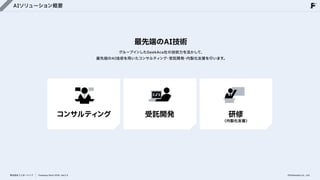 AIソリューション概要
最先端のAI技術
グループインしたGeekAca社の技術力を活かして、

最先端のAI技術を用いたコンサルティング・受託開発・内製化支援を行います。
コンサルティング 受託開発 （内製化支援）
研修
株式会社フェローシップ Company Deck 2026 Ver1.0 ©Fellowship Co., Ltd.
 