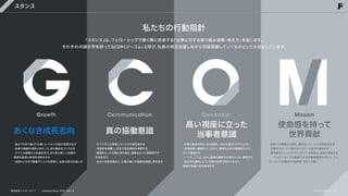 スタンス
私たちの行動指針
「スタンス」
は、
フェローシップで働く際に約束する
「仕事に対する取り組み姿勢・考え方」
を指します。

それぞれの頭文字を取ってGCOM
（ジーコム）
と呼び、
社員の相互支援しながら切磋琢磨していくものとして大切にしています。
Growth
あくなき成長志向
・誰よりも早く誰よりも高いレベルへの自己成長を志す　

・自身や組織の成長に向かって、
自ら機会をつくり出す

・すべての経験から本質を学び、
また常に新しい知識や

意見を習得し自他を成長させる

・成長にともなう障壁やリスクを覚悟し、
自身の変化を楽しむ

Communication
真の協働意識
・すべての人に感謝しそしてその意を表する

・多様性を尊重し、
共生や相互補完を実現する

・誠意をもって仕事に取り組み、
誠意をもって情報開示や

共有を行う

・あるべき姿を優先し、
立場の違いや葛藤を超越し事を成す

Ownership
高い視座に立った

当事者意識
・仕事に意志を持ち、
自ら選択し、
自らの責任でやりとげる

・目標達成に徹底的にこだわり、
達成のための最善策をとり、

そして達成する

・一つ上、
二つ上、
さらに経営の視座で仕事をとらえ、
実現する

・自己利を優先したり、
他責や批評で終わらせずに、

組織や他者の利を実現する

Mission
使命感を持って

世界貢献
・世界への挑戦心を持ち、
類のないサービスの創造を志す 　

・世界のスピードに負けないスピード感で仕事をする 　

・最先端のナレッジやテクノロジーを吸収し、
変革に挑戦する
・フェローシップの語源である仲間意識を大切にし、
フェ
ローシップが掲げる“使命感”をもって働く
株式会社フェローシップ Company Deck 2026 Ver1.0 ©Fellowship Co., Ltd.
 