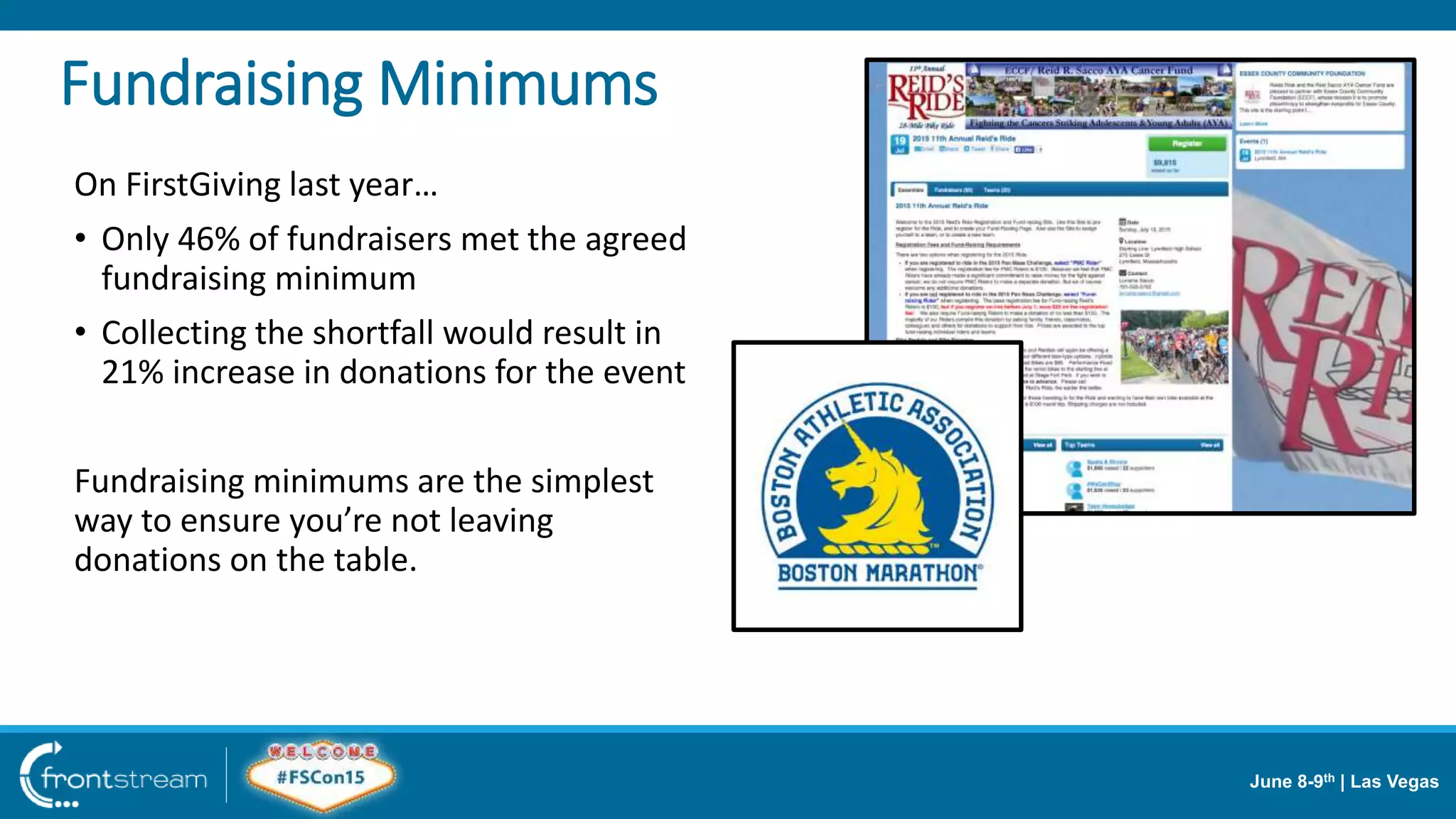 June 8-9th | Las Vegas
Fundraising Minimums
On FirstGiving last year…
• Only 46% of fundraisers met the agreed
fundraising minimum
• Collecting the shortfall would result in
21% increase in donations for the event
Fundraising minimums are the simplest
way to ensure you’re not leaving
donations on the table.
 
