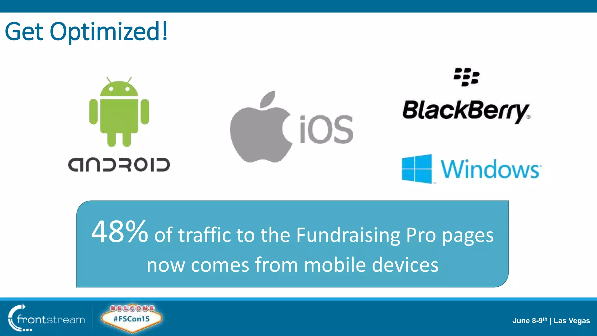 June 8-9th | Las Vegas
Get Optimized!
48% of traffic to the Fundraising Pro pages
now comes from mobile devices
 