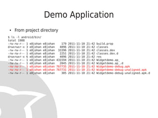 Demo Application
 ●   From project directory
$ ls -l android/bin/
total 1988
-rw-rw-r-- 1 e8johan   e8johan    179 2011-11-10 21:42 build.prop
drwxrwxr-x 3 e8johan   e8johan   4096 2011-11-10 21:42 classes
-rw-rw-r-- 1 e8johan   e8johan 33396 2011-11-10 21:42 classes.dex
-rw-rw-r-- 1 e8johan   e8johan   2251 2011-11-10 21:42 classes.dex.d
drwxrwxr-x 6 e8johan   e8johan   4096 2011-11-10 21:42 res
-rw-rw-r-- 1 e8johan   e8johan 431594 2011-11-10 21:42 Widgetdemo.ap_
-rw-rw-r-- 1 e8johan   e8johan   2045 2011-11-10 21:42 Widgetdemo.ap_.d
-rw-rw-r-- 1 e8johan   e8johan 767735 2011-11-10 21:42 Widgetdemo-debug.apk
-rw-rw-r-- 1 e8johan   e8johan 767731 2011-11-10 21:42 Widgetdemo-debug-unaligned.apk
-rw-rw-r-- 1 e8johan   e8johan    305 2011-11-10 21:42 Widgetdemo-debug-unaligned.apk.d
 