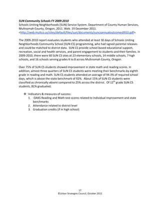 SUN Community Schools FY 2009-2010
Schools Uniting Neighborhoods (SUN) Service System. Department of County Human Services,
Multnomah County, Oregon, 2011. Web. 19 December 2011.
<http://web.multco.us/sites/default/files/sun/documents/suncsannualoutcomes0910.pdf>.

The 2009-2010 report evaluates students who attended at least 30 days of Schools Uniting
Neighborhoods Community School (SUN CS) programming, who had signed parental releases
and could be matched to district data. SUN CS provide school-based educational support,
recreation, social and health services, and parent engagement to students and their families. In
2009-2010, there were 60 SUN CS sites at 23 elementary schools, 14 middle schools, 7 high
schools, and 16 schools serving grades K to 8 across Multnomah County, Oregon.

Over 75% of SUN CS students showed improvement in state math and reading scores. In
addition, almost three quarters of SUN CS students were meeting their benchmarks by eighth
grade in reading and math. SUN CS students attended an average of 94.3% of required school
days, which is above the state benchmark of 92%. About 15% of SUN CS students were
classified as chronically absent compared to 25% across the district. Of 12th grade SUN CS
students, 81% graduated.

       Indicators & measures of success:
       1. OAKS Reading and Math test scores related to individual improvement and state
           benchmarks
       2. Attendance related to district level
       3. Graduation credits (if in high school)




                                                17
                              ©Urban Strategies Council, October 2012
 
