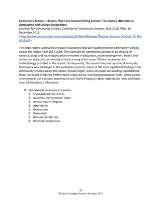 Community Schools—Results That Turn Around Failing Schools: Test Scores, Attendance,
Graduation and College-Going Rates
Coalition for Community Schools. Coalition for Community Schools, May 2010. Web. 19
December 2011.
<http://www.communityschools.org/assets/1/AssetManager/Turning_Around_Schools_CS_Res
ults2.pdf>.

The 2010 report summarizes research outcomes that were gathered from community schools
across the nation from 2007-2009. The Coalition for Community Schools is an alliance of
national, state and local organizations involved in education, youth development, health and
human services, and community schools among other areas. There is no evaluation
methodology provided in the report. Consequently, the report does not mention if an equity
framework was employed in the evaluation process. Some of the most significant findings from
community schools across the nation include higher scores on math and reading standardized
tests, increased Academic Performance Index scores, increasing graduation rates, more parent
involvement, more schools meeting Annual Yearly Progress, higher attendance rates and lower
rates of disciplinary infractions.

       Indicators & measures of success:
       1. Standardized test scores
       2. Academic Performance Index
       3. Annual Yearly Progress
       4. Attendance
       5. Graduation
       6. Drop-outs
       7. Behavioral referrals
       8. Parental involvement




                                               30
                             ©Urban Strategies Council, October 2012
 