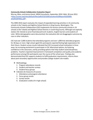 Community Schools Collaboration Evaluation Report
Murray, Mary, and Jessica Ganet. MEM Consultants, September 2010. Web. 28 June 2012.
<http://cscwa.org/sites/default/files/pdfs/CSC%20Evaluation%20Report%202009-
2010%20FINAL.pdf>.

The 2009-2010 report evaluates the impact of expanded learning activities in 14 community
schools in the Tukwila and Highline School Districts in King County, Washington. The
Community Schools Collaboration (CSC) implements full service community schools in 16
schools in the Tukwila and Highline School Districts in south King County. Although not explicitly
stated, CSC intends to serve free/reduced lunch students, English learners and students of
color. While demographics were documented, the evaluation did not disaggregate outcomes by
race or other indicators.

CSC had over 2,000 students that attended programs and over 1,000 that attended programs
for 30 days or more. High school aged CSC participants reported feeling high expectations for
their future. Student survey results indicated that CSC increased school motivation in three
ways: by increasing excitement to participate in CSC afterschool options, by fostering
confidence in the classroom, and by providing options that help student avoid disciplinary
problems. Teachers reported improvement in homework completion and quality and academic
performance among CSC participants over the course of the school year. Findings also
demonstrated that CSC supports students to fulfill graduation requirements, informs them
about post-secondary opportunities and provides college student role models.

       Methodology:
       1. Program attendance records
       2. Student and teacher surveys
       3. Student focus groups
       Indicators & measures of success:
       1. Attendance and program attendance
       2. Focus group results
       3. Survey results
       4. Graduation credits (if in high school)




                                                 33
                               ©Urban Strategies Council, October 2012
 