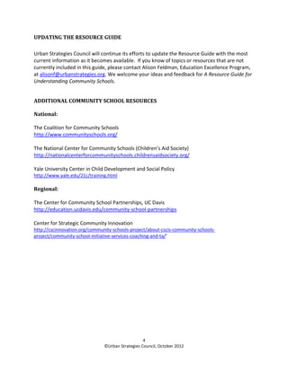 UPDATING THE RESOURCE GUIDE

Urban Strategies Council will continue its efforts to update the Resource Guide with the most
current information as it becomes available. If you know of topics or resources that are not
currently included in this guide, please contact Alison Feldman, Education Excellence Program,
at alisonf@urbanstrategies.org. We welcome your ideas and feedback for A Resource Guide for
Understanding Community Schools.


ADDITIONAL COMMUNITY SCHOOL RESOURCES

National:

The Coalition for Community Schools
http://www.communityschools.org/

The National Center for Community Schools (Children’s Aid Society)
http://nationalcenterforcommunityschools.childrensaidsociety.org/

Yale University Center in Child Development and Social Policy
http://www.yale.edu/21c/training.html

Regional:

The Center for Community School Partnerships, UC Davis
http://education.ucdavis.edu/community-school-partnerships

Center for Strategic Community Innovation
http://cscinnovation.org/community-schools-project/about-cscis-community-schools-
project/community-school-initiative-services-coaching-and-ta/’




                                                  4
                               ©Urban Strategies Council, October 2012
 