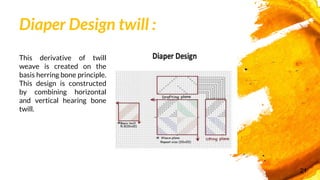 Diaper Design twill :
This derivative of twill
weave is created on the
basis herring bone principle.
This design is constructed
by combining horizontal
and vertical hearing bone
twill.
21
 