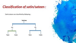 Classification of satin/sateen :
Satin/sateen are classified by following :
 