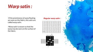 Warp satin :
•If the prominence of warp floating
are seen on the fabric, this satin are
called warp satin.
•Warp satin is woven so that the
warp may be seen on the surface of
the fabric.
Regular warp satin :
 