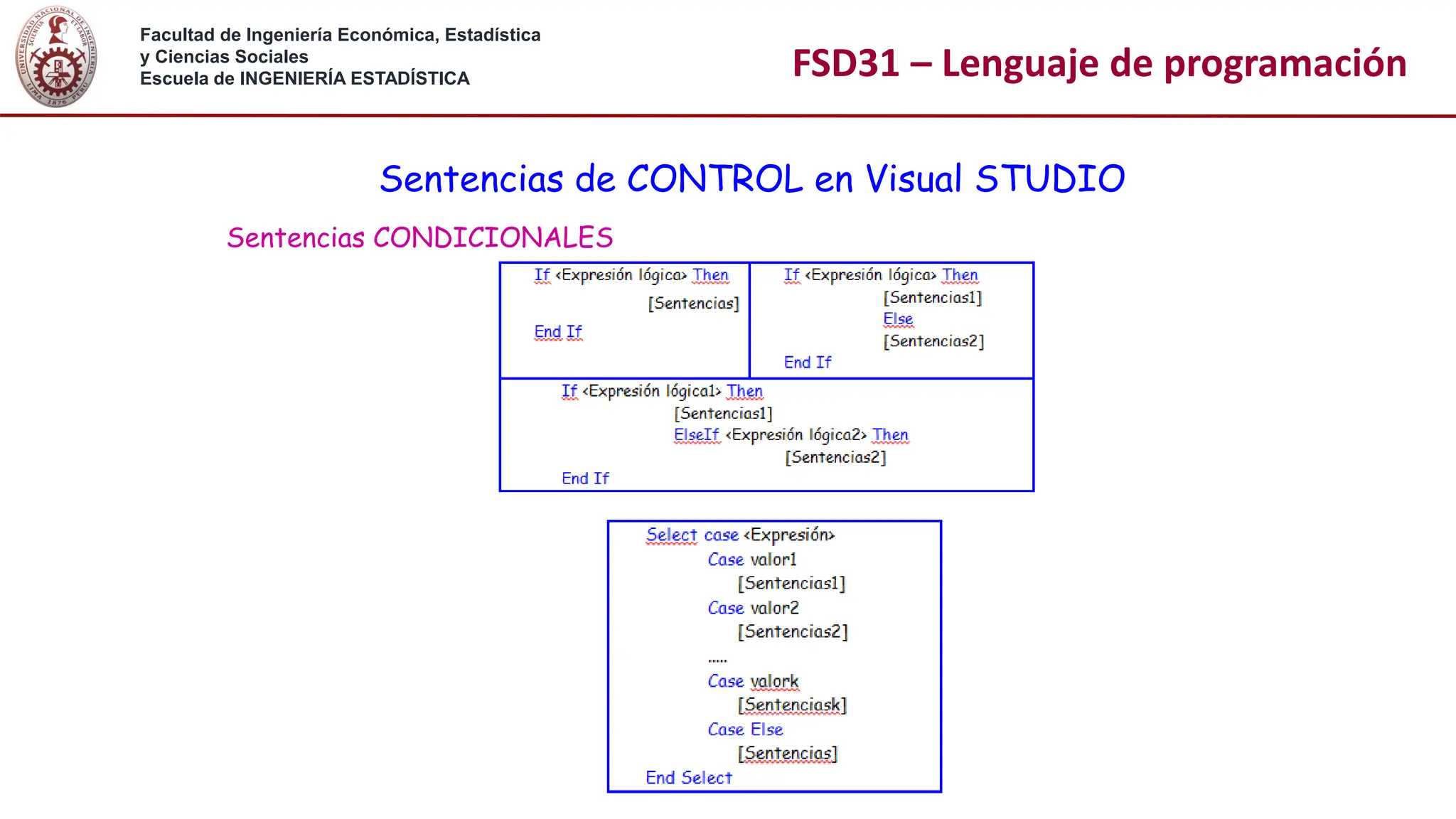 Facultad de Ingeniería Económica, Estadística
y Ciencias Sociales
Escuela de INGENIERÍA ESTADÍSTICA FSD31 – Lenguaje de programación
Sentencias de CONTROL en Visual STUDIO
Sentencias CONDICIONALES
 