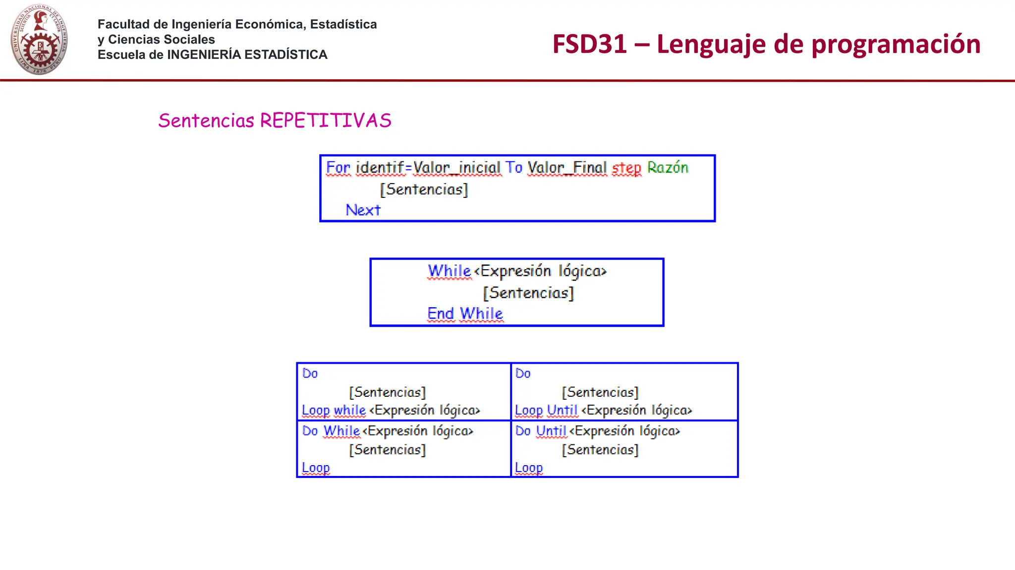 Facultad de Ingeniería Económica, Estadística
y Ciencias Sociales
Escuela de INGENIERÍA ESTADÍSTICA FSD31 – Lenguaje de programación
Sentencias REPETITIVAS
 