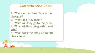 1. Who are the characters in the
dialogue?
2. Where did they meet?
3. When will they go to the park?
4. What will they bring with them?
Why?
5. What does this show about the
characters?
 