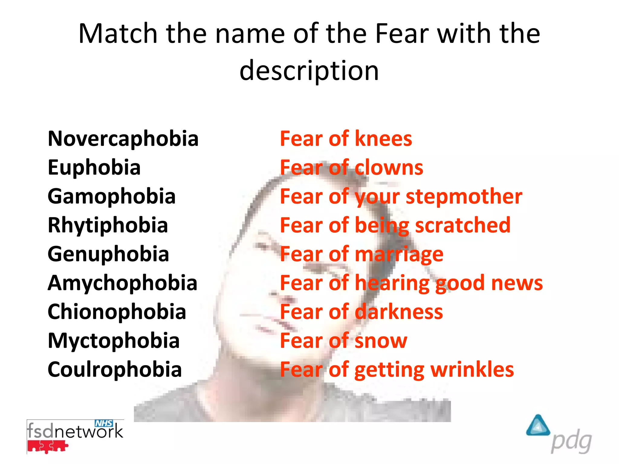 Match the name of the Fear with the
              description

Novercaphobia    Fear of knees
Euphobia         Fear of clowns
Gamophobia       Fear of your stepmother
Rhytiphobia      Fear of being scratched
Genuphobia       Fear of marriage
Amychophobia     Fear of hearing good news
Chionophobia     Fear of darkness
Myctophobia      Fear of snow
Coulrophobia     Fear of getting wrinkles
 