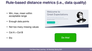 Full Stack Deep Learning - UC Berkeley Spring 2021
Rule-based distance metrics (i.e., data quality)
• Min, max, mean within
acceptable range

• Enough data points

• Not too many missing values

• Col A > Col B

• Etc
104
Do this!
 