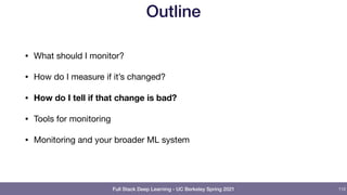 Full Stack Deep Learning - UC Berkeley Spring 2021
Outline
• What should I monitor?

• How do I measure if it’s changed?

• How do I tell if that change is bad?
• Tools for monitoring

• Monitoring and your broader ML system
112
 