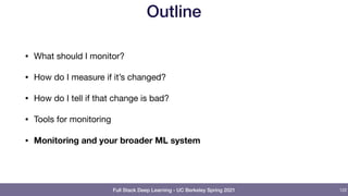 Full Stack Deep Learning - UC Berkeley Spring 2021
Outline
• What should I monitor?

• How do I measure if it’s changed?

• How do I tell if that change is bad?

• Tools for monitoring

• Monitoring and your broader ML system
122
 