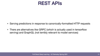 Full Stack Deep Learning - UC Berkeley Spring 2021
REST APIs
• Serving predictions in response to canonically-formatted HTTP requests

• There are alternatives like GRPC (which is actually used in tensorflow
serving) and GraphQL (not terribly relevant to model services)
20
 