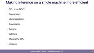 Full Stack Deep Learning - UC Berkeley Spring 2021
Making inference on a single machine more efficient
• GPU or no GPU?

• Concurrency

• Model distillation

• Quantization

• Caching

• Batching

• Sharing the GPU

• Libraries
36
 