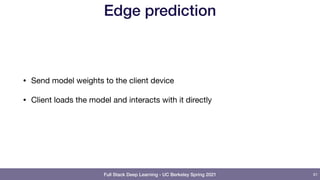Full Stack Deep Learning - UC Berkeley Spring 2021
Edge prediction
• Send model weights to the client device

• Client loads the model and interacts with it directly
61
 