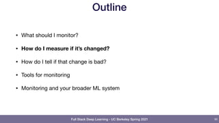 Full Stack Deep Learning - UC Berkeley Spring 2021
Outline
• What should I monitor?

• How do I measure if it’s changed?
• How do I tell if that change is bad?

• Tools for monitoring

• Monitoring and your broader ML system
95
 
