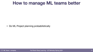 Full Stack Deep Learning - UC Berkeley Spring 2021
How to manage ML teams better
• Do ML Project planning probabilistically
43
ML Teams - managing
 