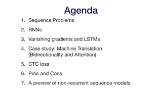 Agenda
1. Sequence Problems

2. RNNs

3. Vanishing gradients and LSTMs

4. Case study: Machine Translation 
(Bidirectional...