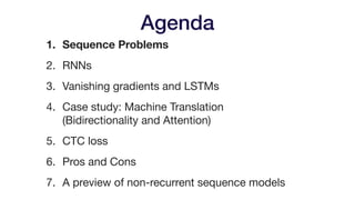 Agenda
1. Sequence Problems
2. RNNs

3. Vanishing gradients and LSTMs

4. Case study: Machine Translation 
(Bidirectionali...