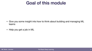 Full Stack Deep Learning
Goal of this module
• Give you some insight into how to think about building and managing ML
teams

• Help you get a job in ML
3ML Teams - overview
 