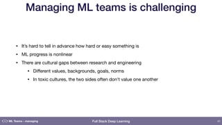 Full Stack Deep Learning
Managing ML teams is challenging
• It’s hard to tell in advance how hard or easy something is

• ML progress is nonlinear

• There are cultural gaps between research and engineering

• Diﬀerent values, backgrounds, goals, norms

• In toxic cultures, the two sides often don’t value one another
41ML Teams - managing
 