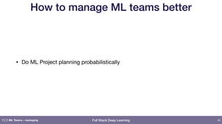 Full Stack Deep Learning
How to manage ML teams better
• Do ML Project planning probabilistically
43ML Teams - managing
 