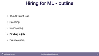 Full Stack Deep Learning
Hiring for ML - outline
• The AI Talent Gap

• Sourcing

• Interviewing

• Finding a job
• Course exam
72ML Teams - hiring
 