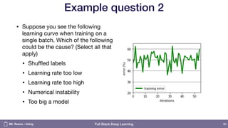 Full Stack Deep Learning
Example question 2
• Suppose you see the following
learning curve when training on a
single batch. Which of the following
could be the cause? (Select all that
apply)

• Shuﬄed labels

• Learning rate too low

• Learning rate too high

• Numerical instability

• Too big a model
80ML Teams - hiring
 