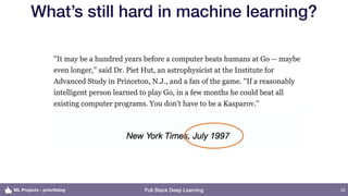 Full Stack Deep Learning
What’s still hard in machine learning?
43ML Projects - prioritizing
 