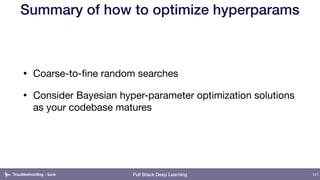 Full Stack Deep Learning
Summary of how to optimize hyperparams
• Coarse-to-ﬁne random searches

• Consider Bayesian hyper...