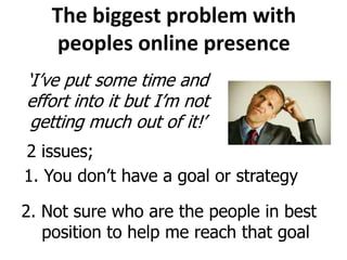 The biggest problem with
peoples online presence
‘I’ve put some time and
effort into it but I’m not
getting much out of it!’
2 issues;
1. You don’t have a goal or strategy
2. Not sure who are the people in best
position to help me reach that goal

 