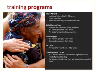 training programs
Intern Abroad
• Individual internship | 9-52 weeks
• Grant eligibility
• 4 sessions annually, multiple start dates
Global Service Trips
• Student and corporate group programs
• 1-4 weeks | Custom start dates
• Pre-departure project development
Group Engage
• 2-5 person groups | 6-12 weeks
• Standard or custom start dates
Pro Corps
• Professional volunteers | 2-52 weeks
Traveling Giving Circles
• 8-15 donors travel to FSD Partner Organizations inneed of project funding
• Participants decide how they will allocate their pooled
funds

 