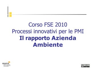 Corso FSE 2010 Processi innovativi per le PMI Il rapporto  Azienda Ambiente 
