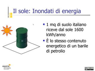 Il sole: Inondati di energia 1 mq di suolo italiano riceve dal sole 1600 kWh/anno È lo stesso contenuto energetico di un barile di petrolio 