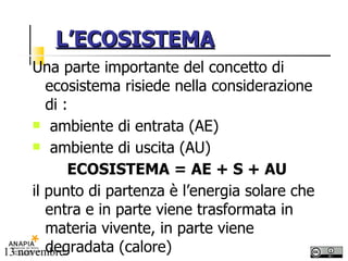 L’ECOSISTEMA Una parte importante del concetto di ecosistema risiede nella considerazione di : ambiente di entrata (AE) ambiente di uscita (AU) ECOSISTEMA = AE + S + AU il punto di partenza è l’energia solare che entra e in parte viene trasformata in materia vivente, in parte viene degradata (calore) 