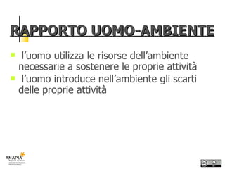 RAPPORTO UOMO-AMBIENTE l’uomo utilizza le risorse dell’ambiente necessarie a sostenere le proprie attività l’uomo introduce nell’ambiente gli scarti delle proprie attività 