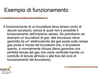 Esempio di funzionamento Il funzionamento di un bruciatore deve tenere conto di alcune sicurezze, senza le quali non è possibile il funzionamento dell'impianto stesso. Se prendiamo ad esempio un bruciatore di gas, tale sicurezza viene garantita da un' elettrovalvola del gas posta sulla rampa gas posta a monte del bruciatore che, a bruciatore spento, è normalmente chiusa (deve garantire una perfetta tenuta del gas che viene verificata tramite un controllo di tenuta all'inizio o alla fine del ciclo di funzionamento del bruciatore).  