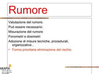 Valutazione del rumore. Può essere necessario: Misurazione del rumore Fonometri e dosimetri  Adozione di misure tecniche, procedurali, organizzative ,  Forma prioritaria eliminazione del rischio Rumore 